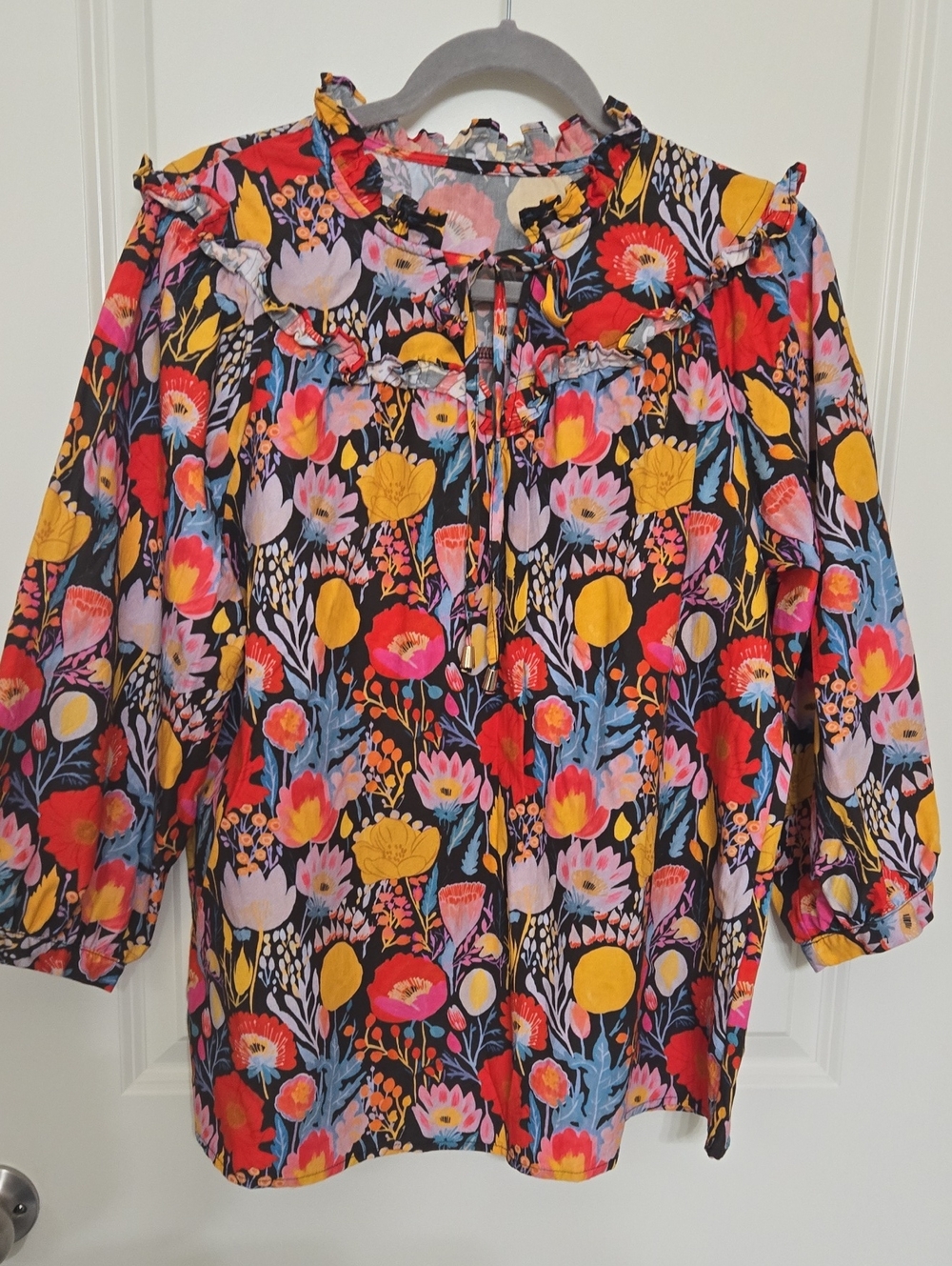 Floral Ruffle Tie-Neck Blouse - Black with Multicolor Floral